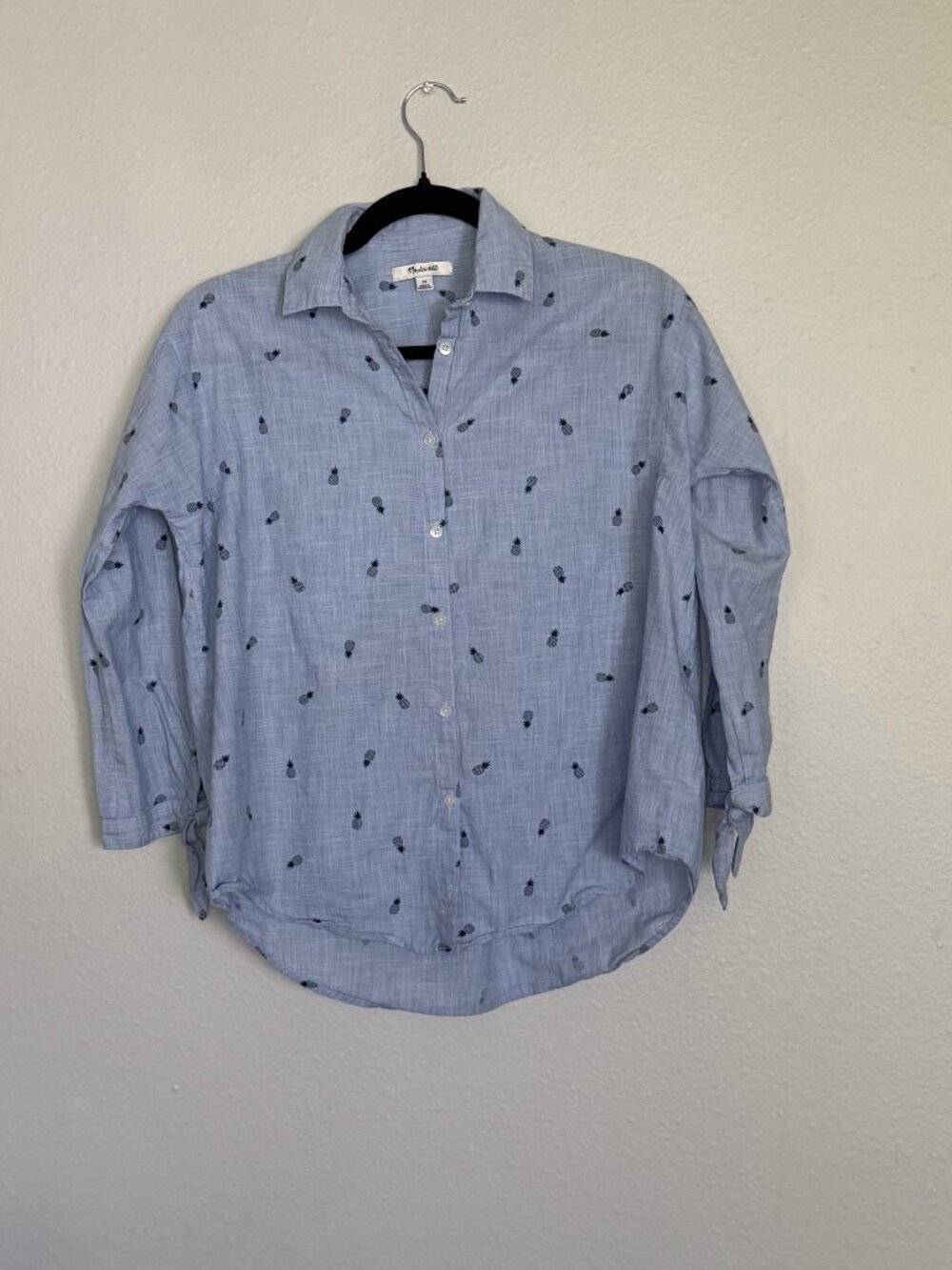 Madewell Shrunken Trapeze Shirt XS Blue Pineapple Print Button Down Tie Sleeve